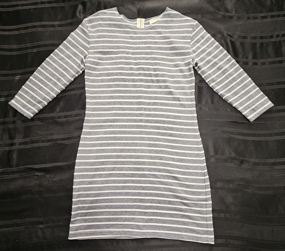 Sail to Sable Womens Gray White Striped Textured Knit Shift Dress 3/4 Sleeve XS